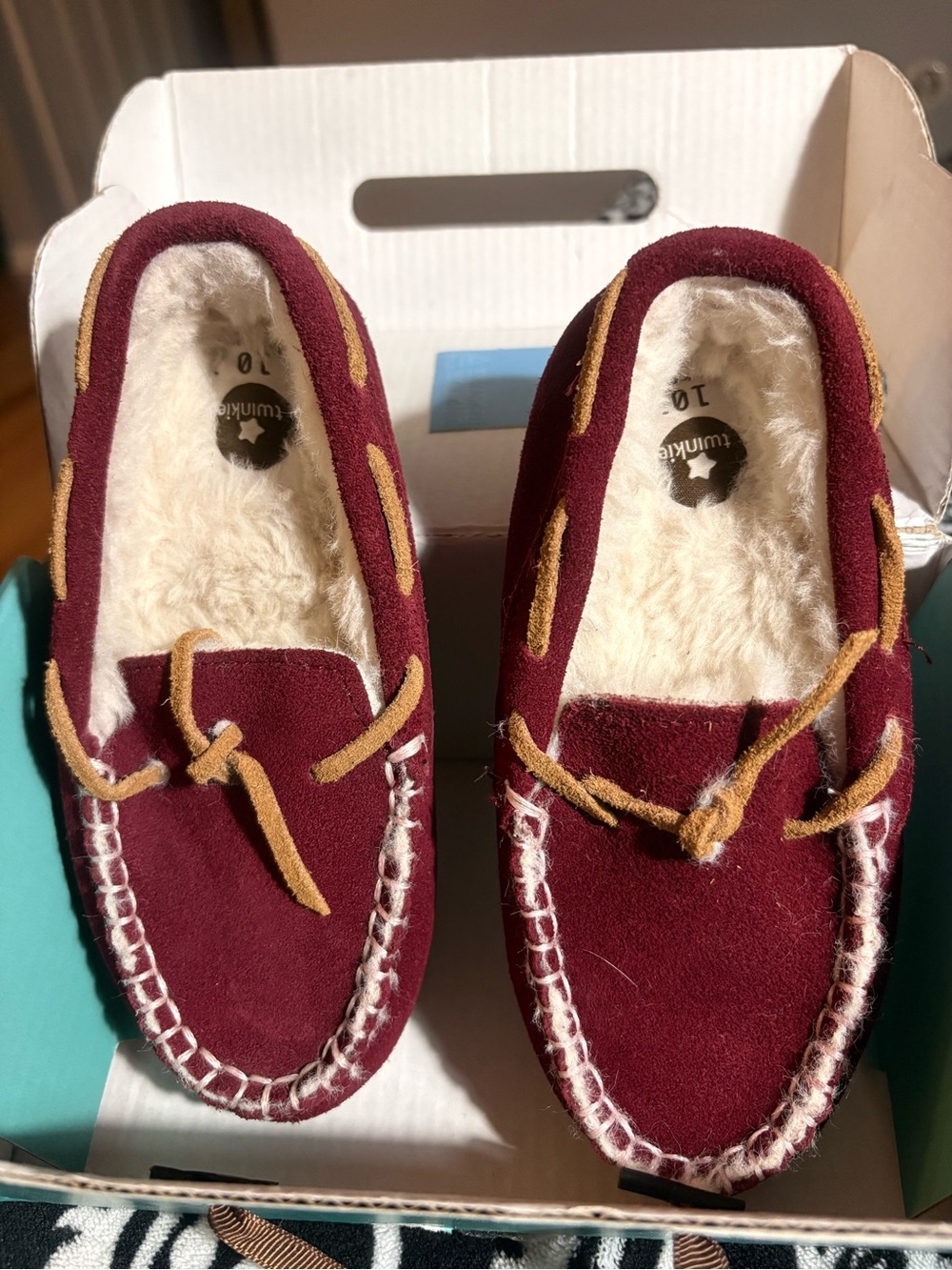 Twinkie Kids Burgundy Moccasin Slippers with Tan Accents